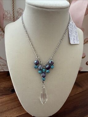 Handmade Turquoise & Purple Bead Necklace with Clear Crystal Drop